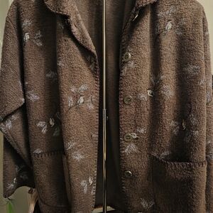 Artisans Small Plum Purple Fleece Coat With Painted Chickadees Soft Cozy Pockets